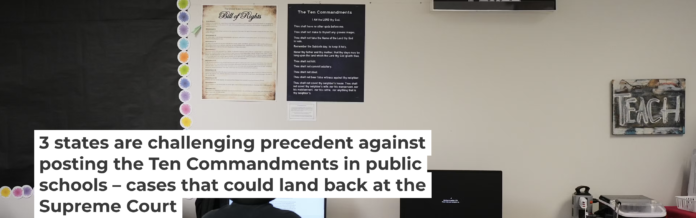 Students work under posters of the Ten Commandments and the Bill of Rights in a high school classroom in Kyle, Texas, on Oct. 16, 2025. AP Photo/Eric Gay